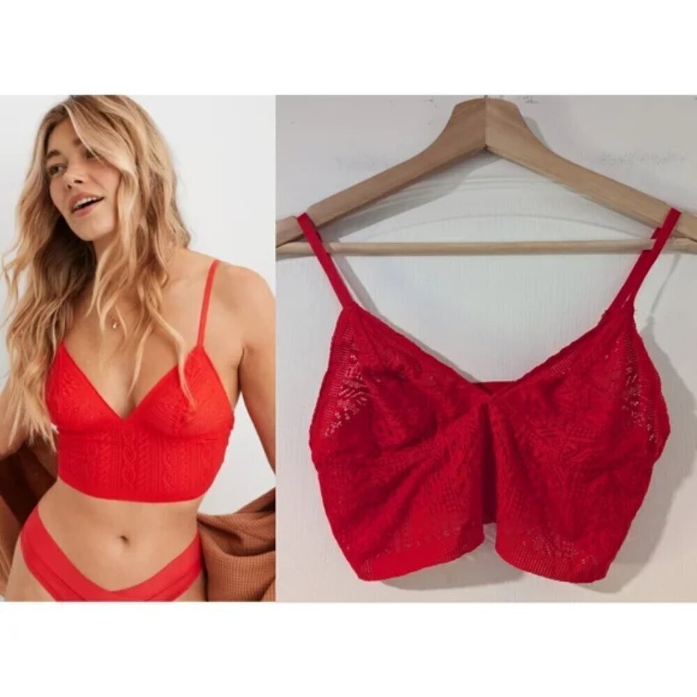 NEW Aerie | Cable Lace Longline Bralette In Holiday Red